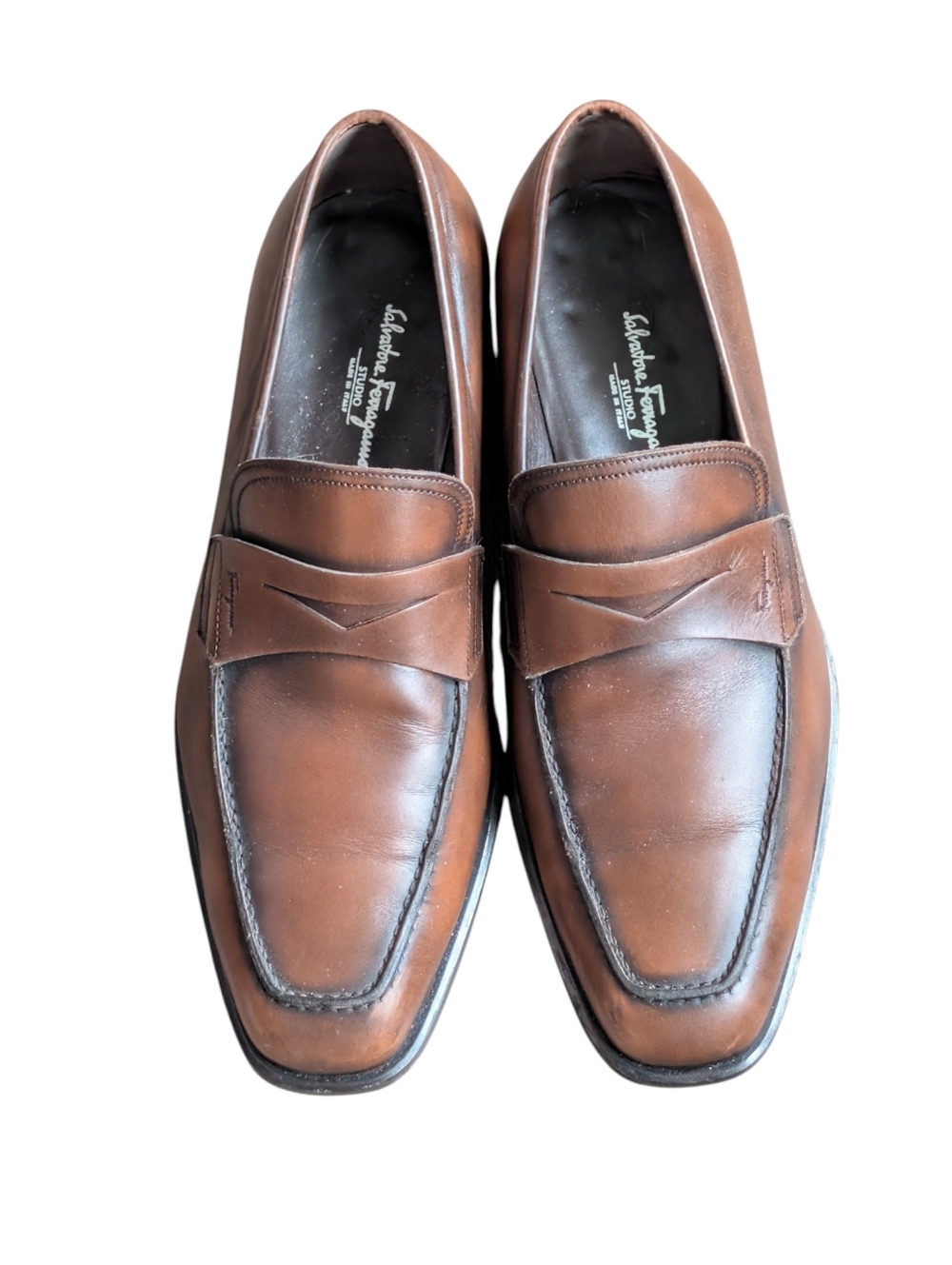 VTG Salvatore Ferragamo Studio Brown Leather Loafers Y2K Square Toe Mens 8.5 EE